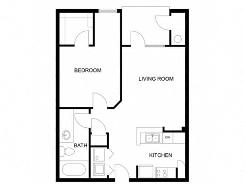 Floor plan for 1 bed, 1 bath, 649 sqft